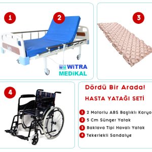 Hasta yatağı ve tekerlekli sandalye içeren bakım seti